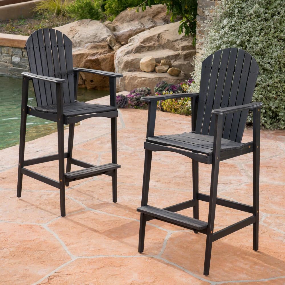 Saiveina Outdoor Acacia Wood Adirondack Barstools, Set of 2, Dark Gray