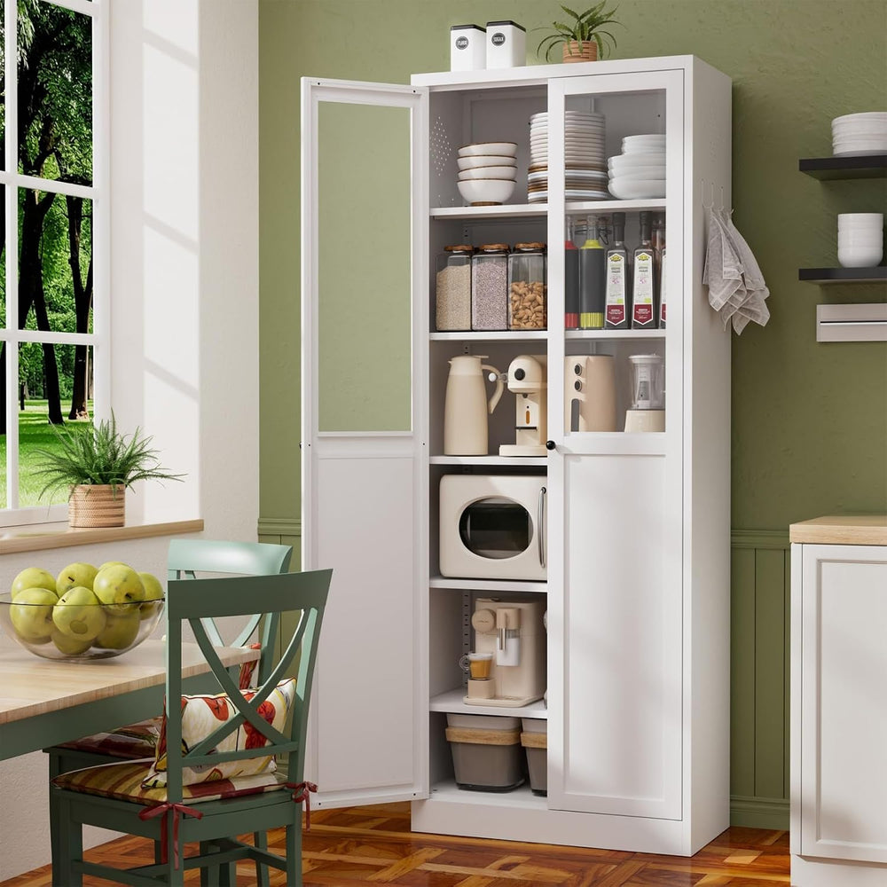 34.6" White Metal Pantry Cabinet with Adjustable Shelves, Freestanding K...