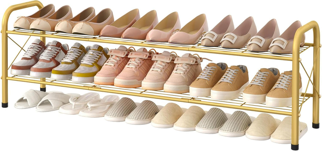 Hoctieon 2 Tier Shoe Rack for Closet, Durable Mesh Style Shoe Rack, Entryway Shoe Shelf, Shoe Storage Organizer for Hallway, Bedroom, Living Room, Wardrobe, Gold