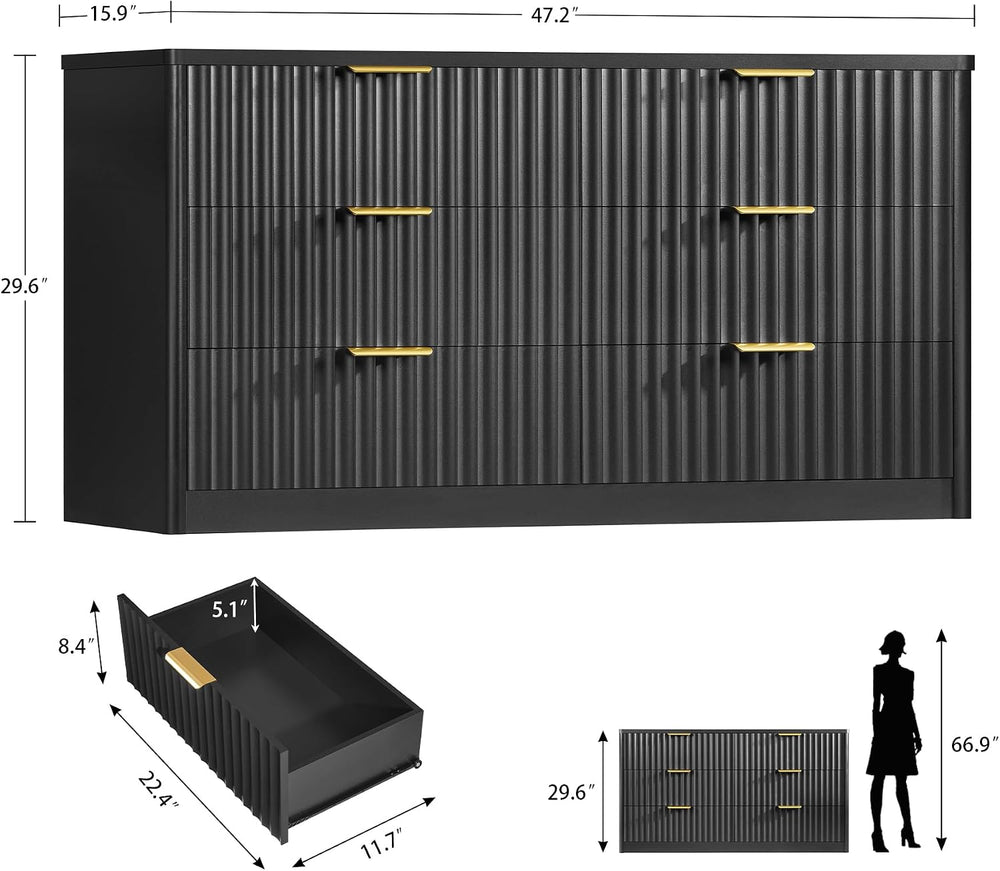 TEENFON Fluted 6 Drawer Dresser for Bedroom, Wide Modern Chest of Drawers wit...