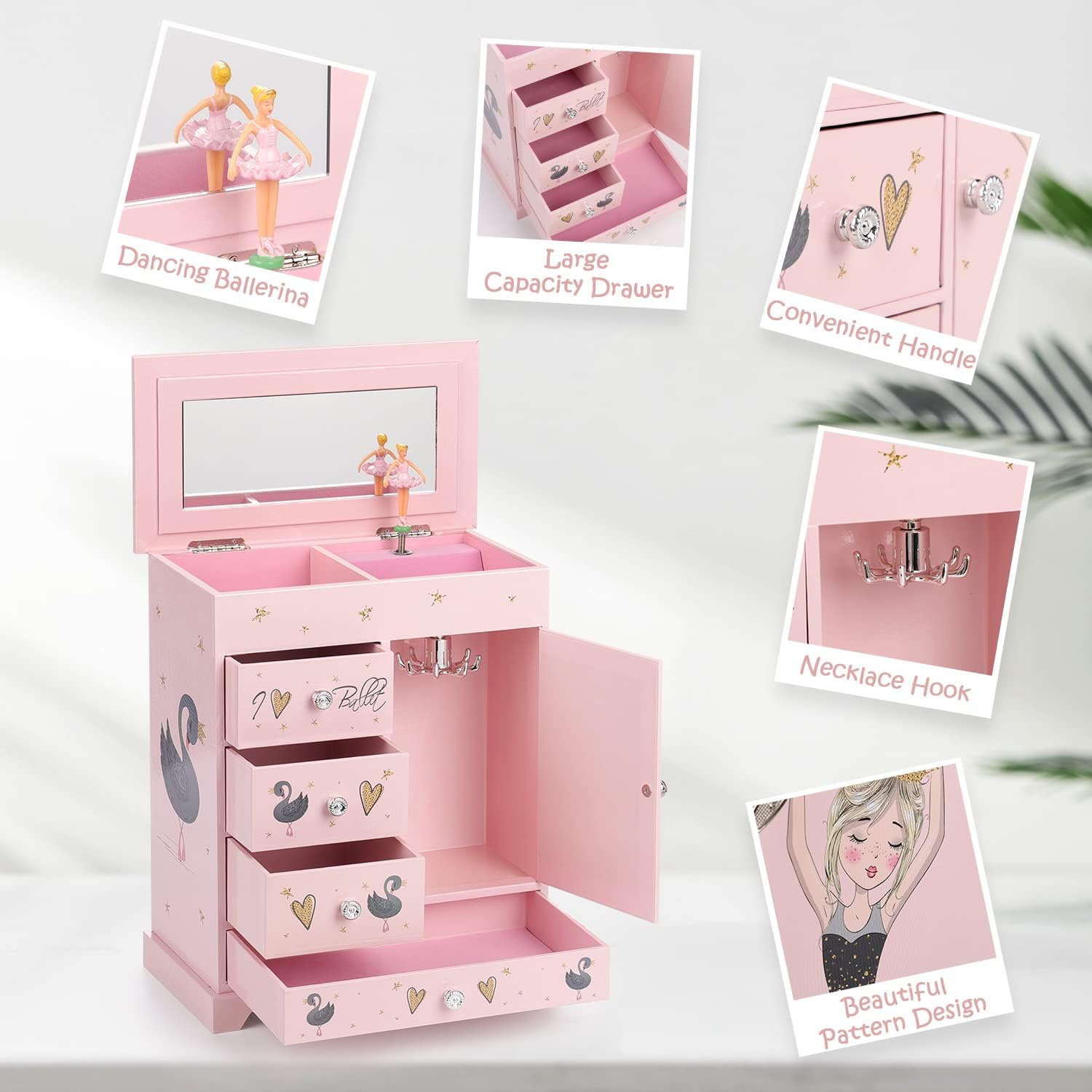 Jewelry Box for Girls 8.9 x 4.92 x 10.98 inch Large 5 Layer Music Box with Spinning Ballerina with Unicorn Necklace & Bracelet Set Jewelry Organizer for Kids Birthday Christmas Gift Pink