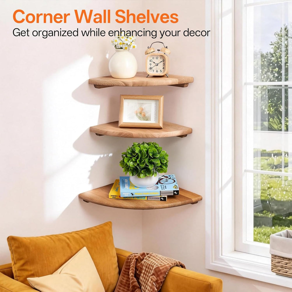 Gieanoo Floating Corner Shelves for Wall Set 2 7inch Solid Oak Rounded Corner...