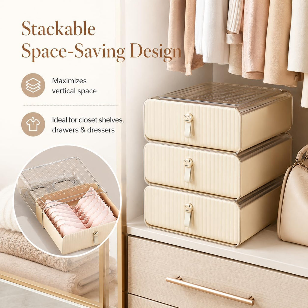 Bra Organizer for Closet, Stackable Pull-Out Drawer Style Bra Storage Organizer with Clear Top, 1-Cell Underwear Organizer for Bras, Panties, Socks, Tie, Belt and Scarf
