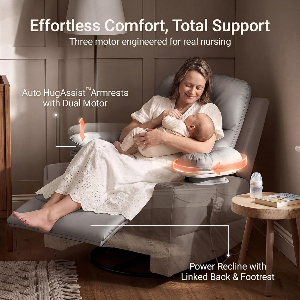 MAMAZING Lullapod Power Nursery Rocking Chair with HugAssist Armrest | Triple Motor Power Nursing Recliner with 270° Swivel Glider & Quiet Rocking, Dual Charging Ports & Built-In Storage