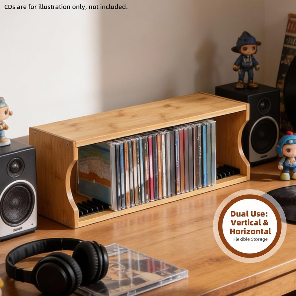 AriSen Bamboo CD Storage Rack, CD Record Rack, DVD Media Disc Rack, Storage & Display Rack for Vintage Music Records, CD Collection Case