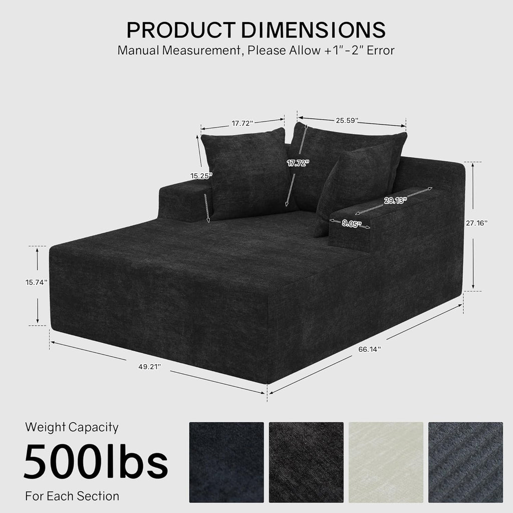 66" Chaise Lounge Chair Indoor, Oversized Boneless Lounge Chair with 3 Pillows, Chenille Cloud Reading Chair for Living Room Bedroom, Deep Seat Sleeper Couch, No Assembly Required