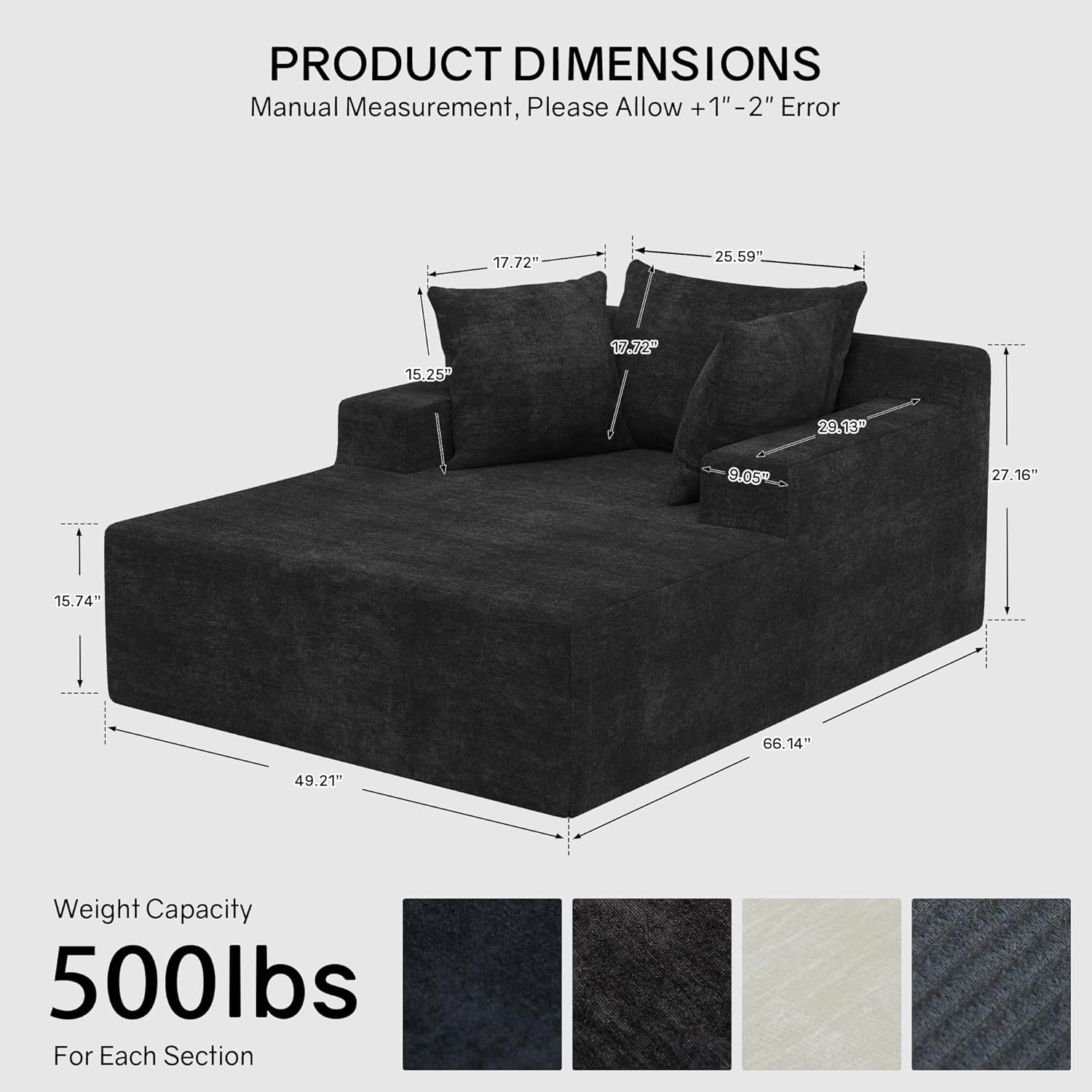 66" Chaise Lounge Chair Indoor, Oversized Boneless Lounge Chair with 3 Pillows, Chenille Cloud Reading Chair for Living Room Bedroom, Deep Seat Sleeper Couch, No Assembly Required