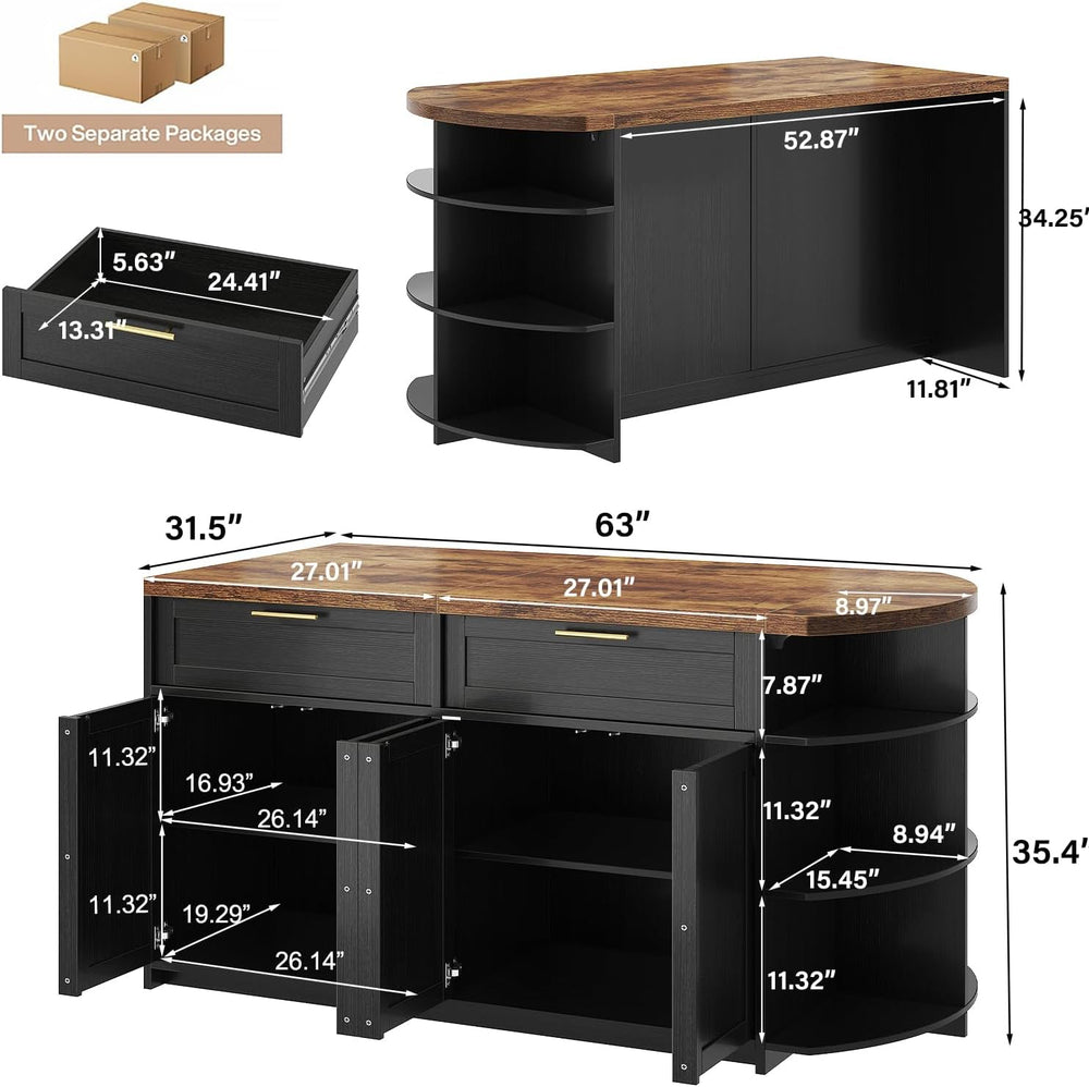 HSH 63 Inch Large Kitchen Island with Storage and Seating, Rustic Brown | Sta...