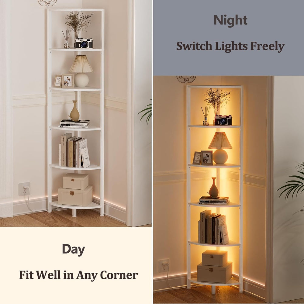 Furnulem 6 Tier Corner Shelf with LED Light, 67.5" White Narrow Bookshel...