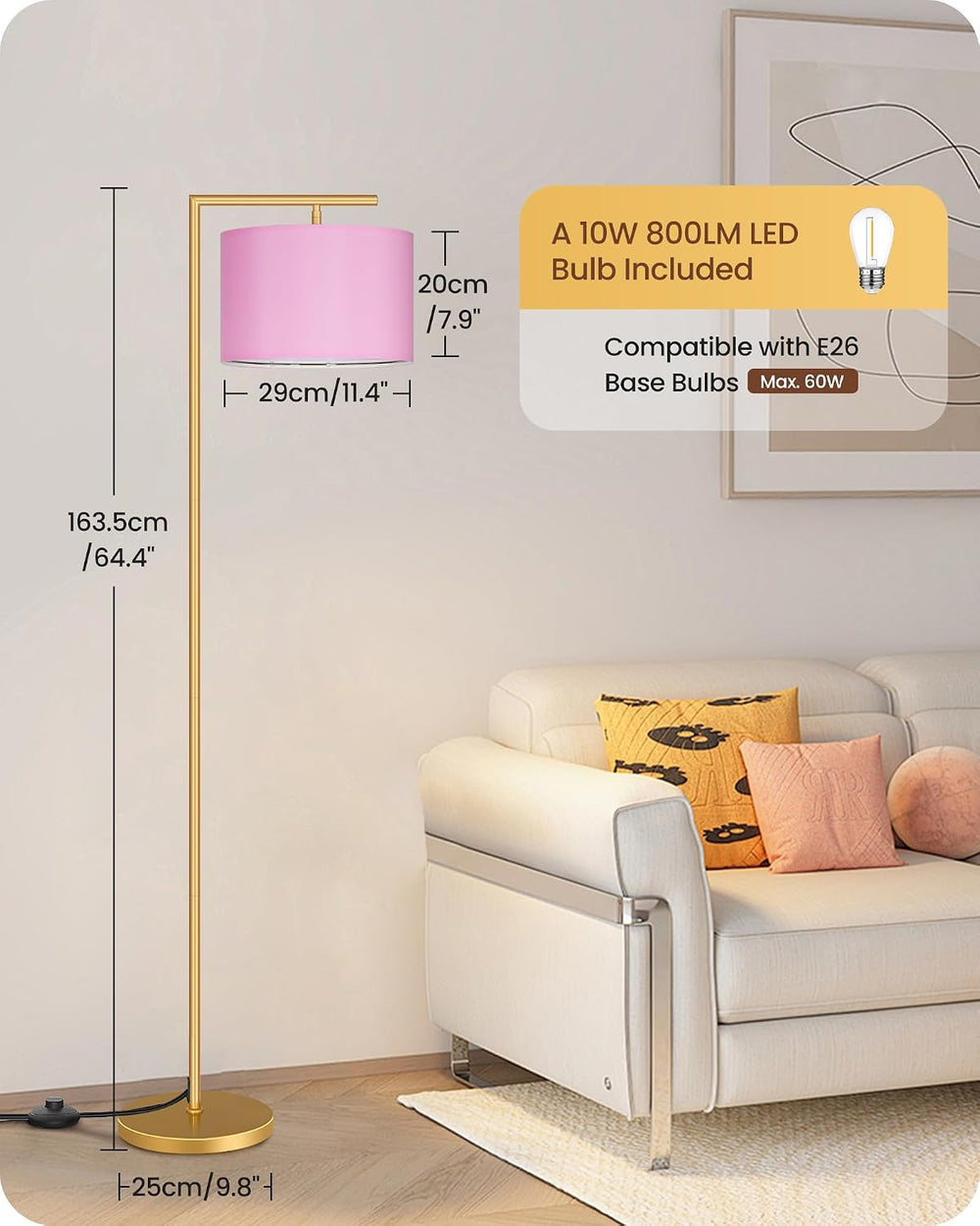 Modern Gold Arc Floor Lamp, Corner Tall Lamp with Remote, Arched Reading Ligh...