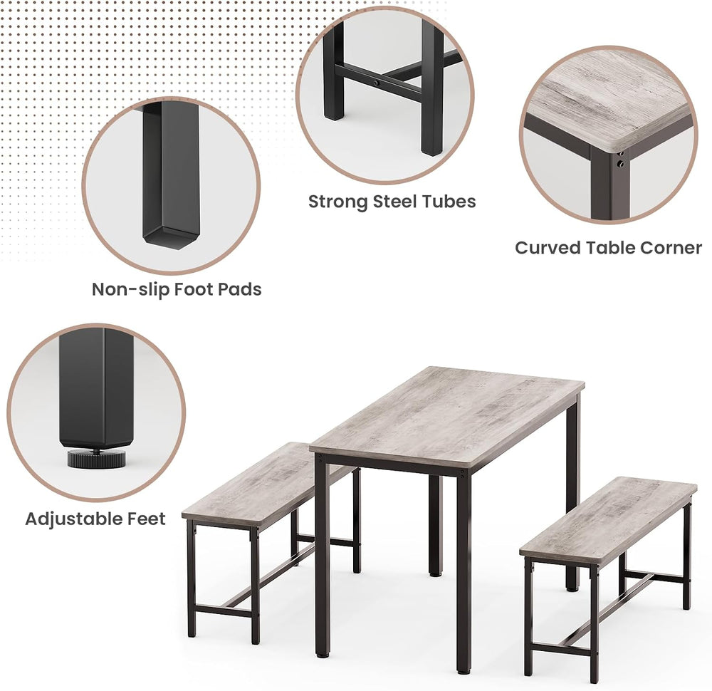 Dining Table Set for 4, Kitchen Table with 2 Benchs, Grey | Modern Functional...