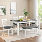 Dining Table Set for 5, 6-Piece Kitchen Table & Chairs Set with Rectangular Table, Bench & 4 Upholstered Chairs, 58.5'' Dinner Set with Wood Legs & X-Shaped Backrest for Kitchen, White&Gray