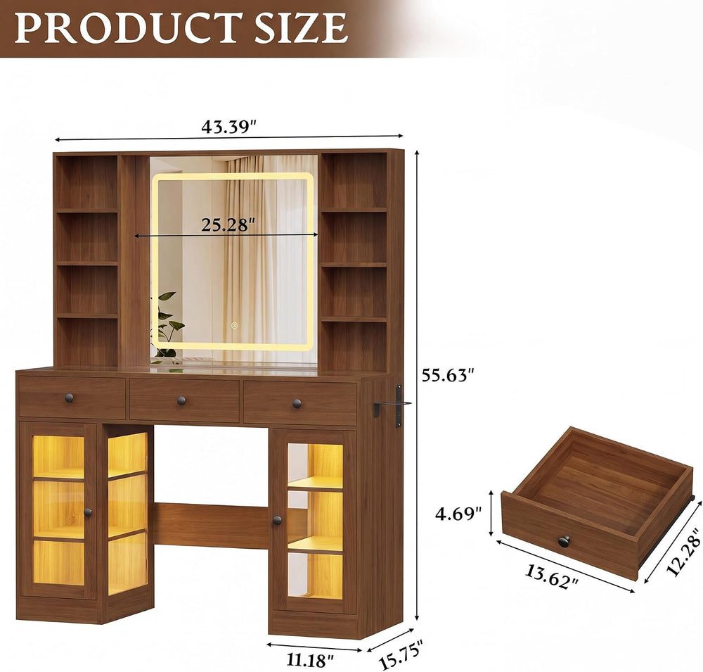 Xixini 43.4" Makeup Vanity Desk with LED Mirror, RGB Glass Cabinets, Wal...