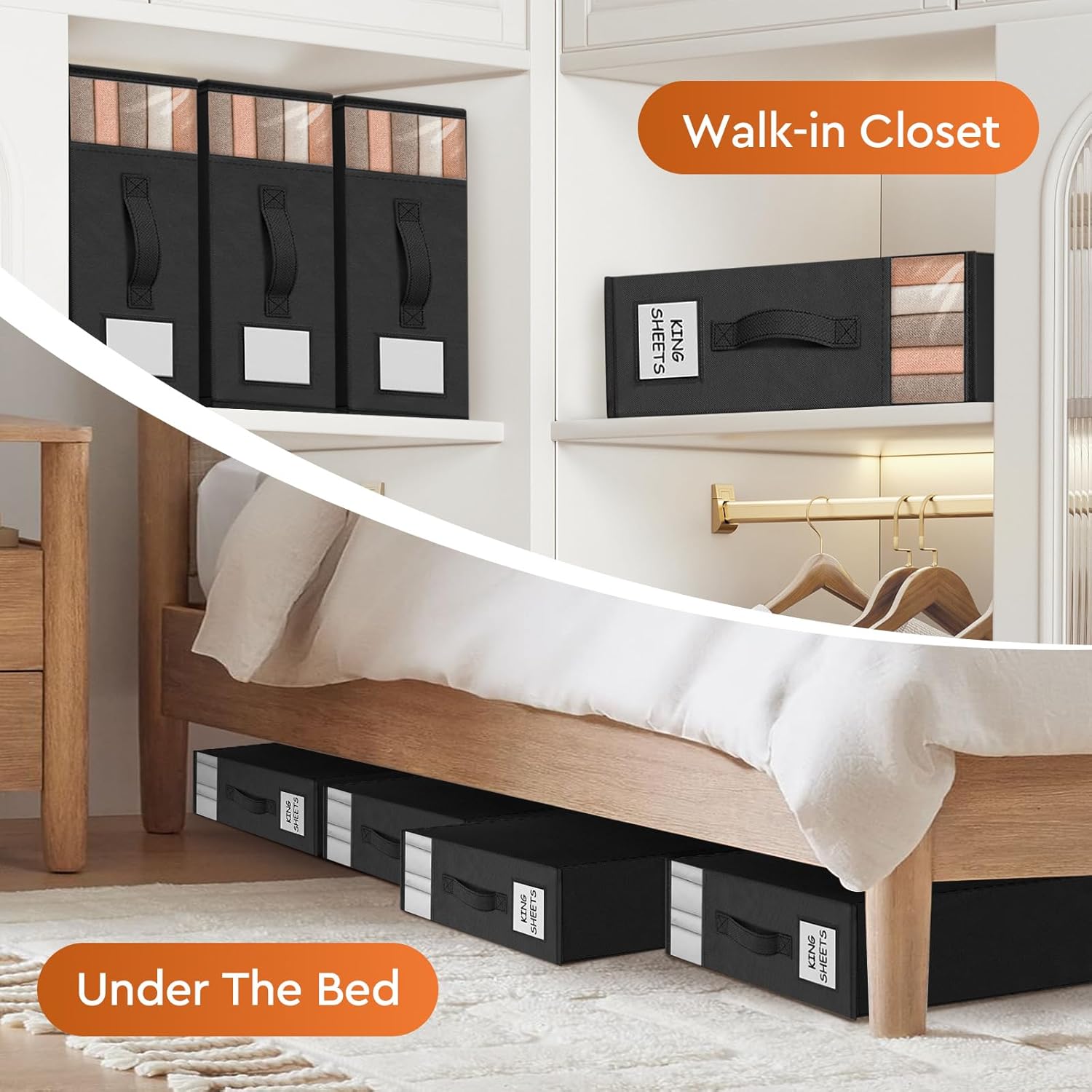 4 Pack Bed Sheet Closet Organizers and Storage,Sturdy Foldable Storage Containers with Window and Label,Storage and Organization for Bedding Sheets,Duvet Covers,Blankets (Black)