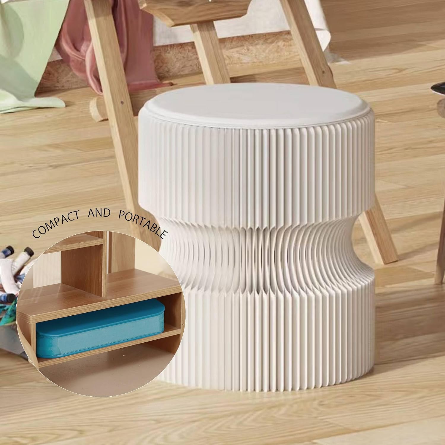Foldable Paper Stool - Creative Accordion Design, Portable Expandable Round Stool for Home & Commercial Use, Footrest Seat for Entryway, Living Room or Retail Stores (Brown, H16in*D14in)