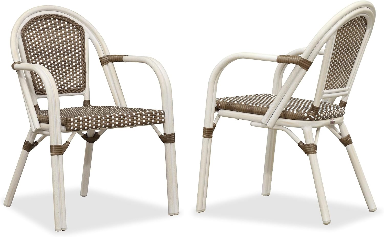 PURPLE LEAF Rattan French Bistro Armchairs Set of 2, White Finish, Brown | Paris Cafe Inspired Design, Supportive Seat for Comfort, Easy Move Aluminum Build, Easy Cleaning Less Hassle, Stackable