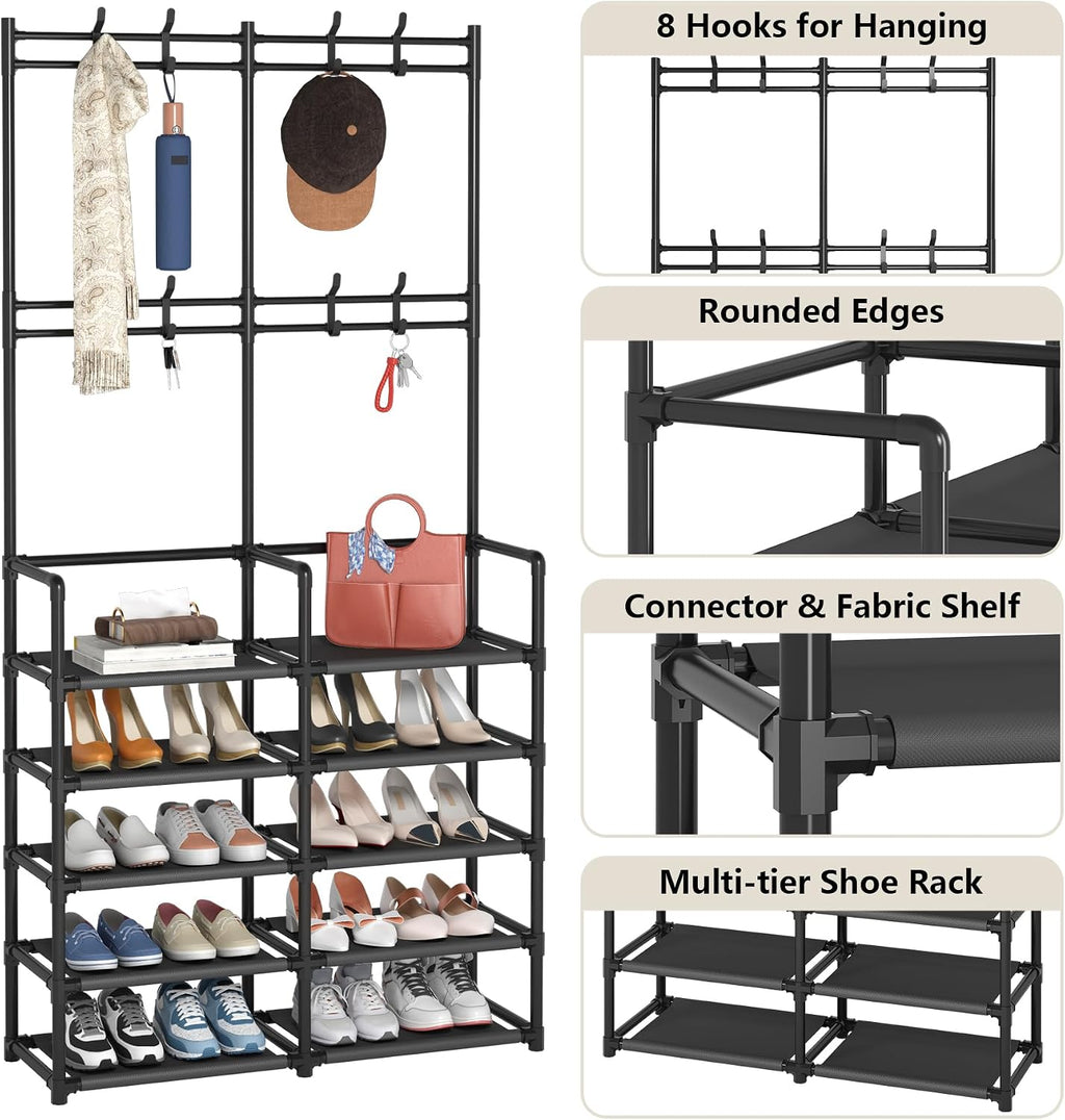 Laiensia 5-Tier Entryway Coat Rack, Coat and Shoe Rack, Entryway Bench Storage Organizer with 8 Hooks for Bedroom, Hallway, Office, Black