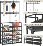 Laiensia 5-Tier Entryway Coat Rack, Coat and Shoe Rack, Entryway Bench Storage Organizer with 8 Hooks for Bedroom, Hallway, Office, Black