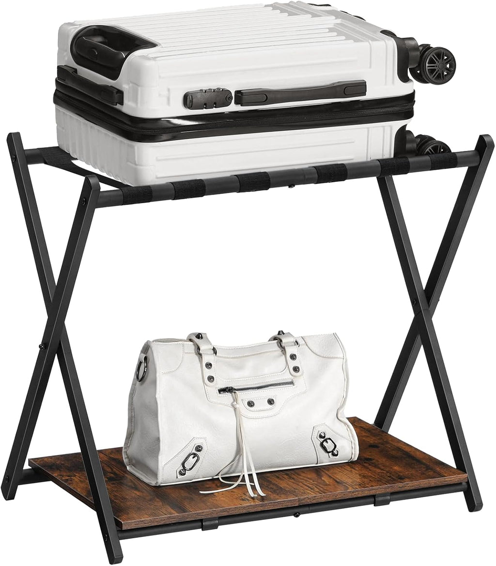 HOOBRO Folding Luggage Rack, Suitcase Stand Holder with Wooden Storage Shelf, Holds up to 110 lb, 27.2 x 15.7 x 24 Inches, for Guest Room, Bedroom, Closet, Hotel, Rustic Brown and Black BF68XL01G1