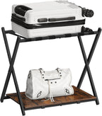 HOOBRO Folding Luggage Rack, Suitcase Stand Holder with Wooden Storage Shelf, Holds up to 110 lb, 27.2 x 15.7 x 24 Inches, for Guest Room, Bedroom, Closet, Hotel, Rustic Brown and Black BF68XL01G1