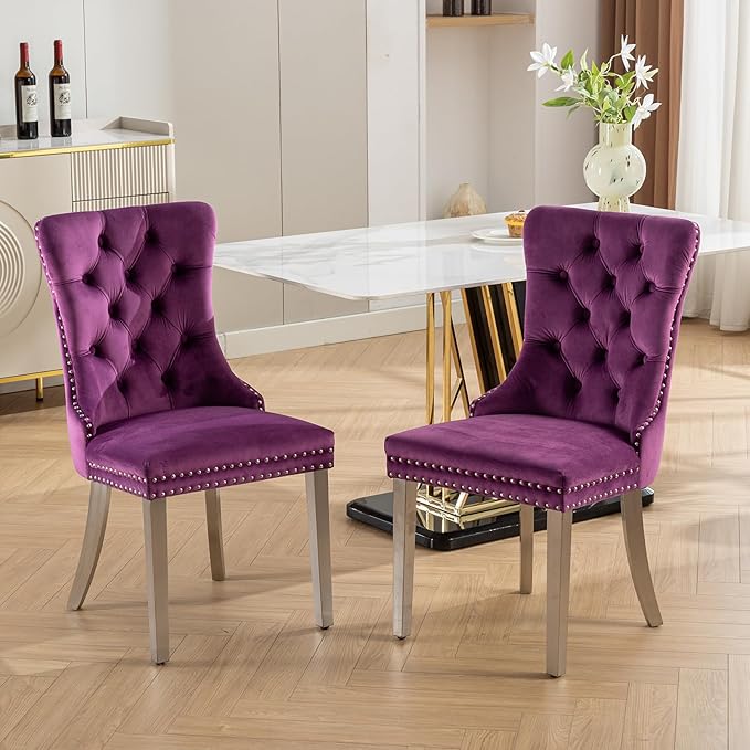 Mid Century Modern Dining Chairs Set of 4, Purple Velvet Upholstered Tufted Back, Kitchen & Dining Room Chairs, Brushed Silver Metal Legs, Nailhead Trim, Sillas para Comedor (Purple, 4 Pcs)