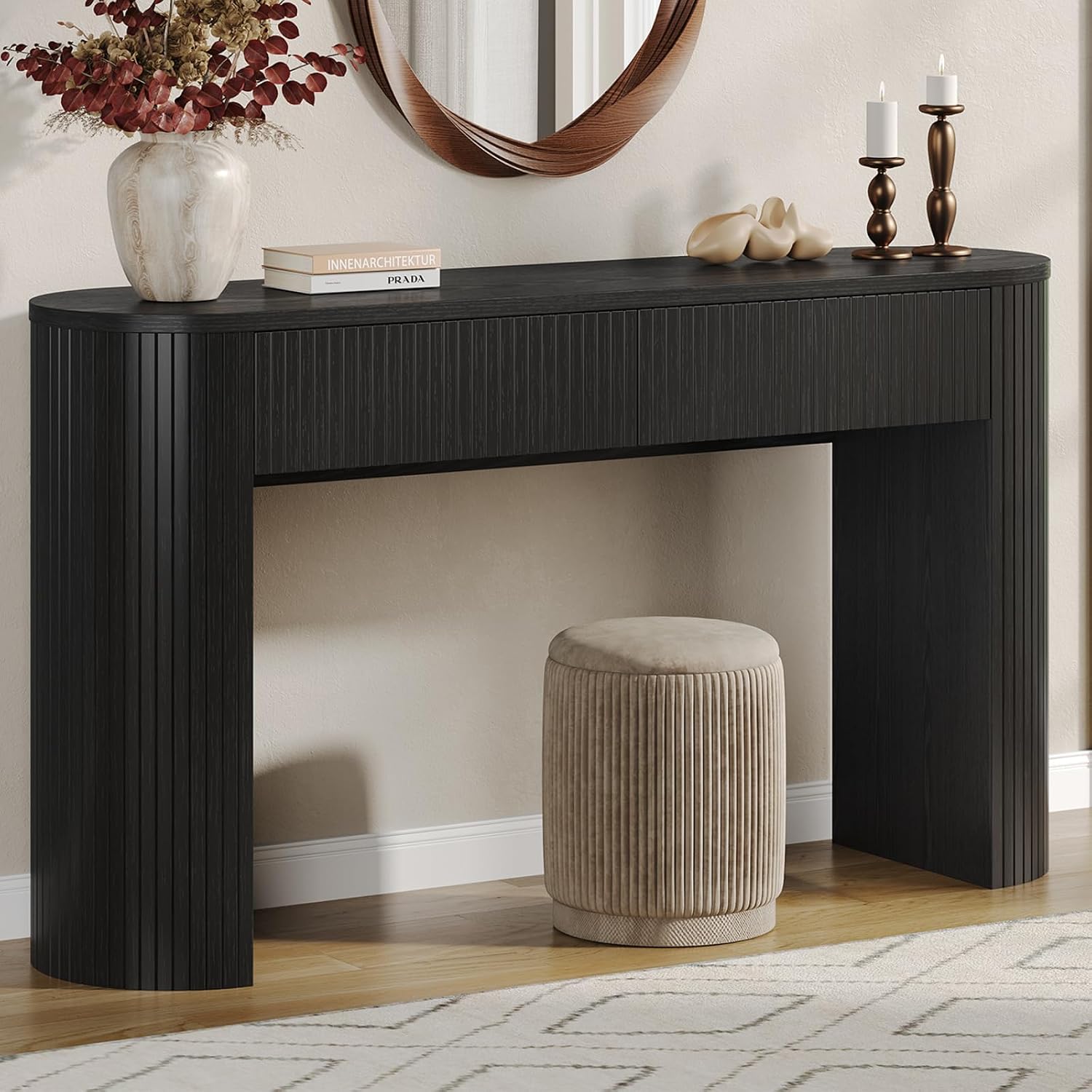Entryway Table with Storage, Mid-Century Console Tables with 2 Drawers, Modern Fluted Sofa Table Behind The Couch, Foyer Tables for Entryway, Couch,Livingroom (Black, 55 Inches)