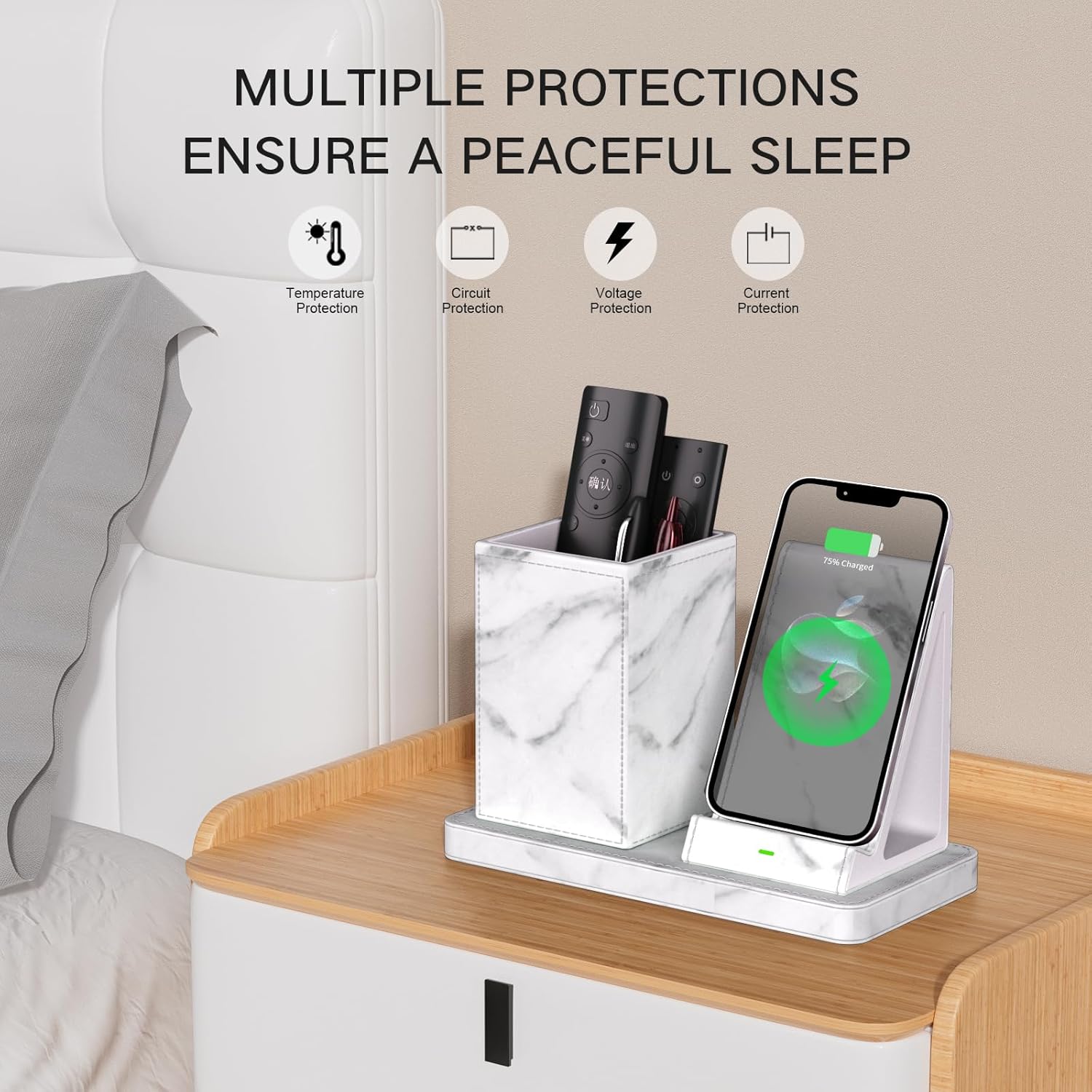 Multi-Functional Pencil Holder for Desk,marble Vegan Leather Organizers with Remote Control Holder,Pencil Holder Desk Organizer with Phone Wireless Charger for Office/Nightstand/Endtable
