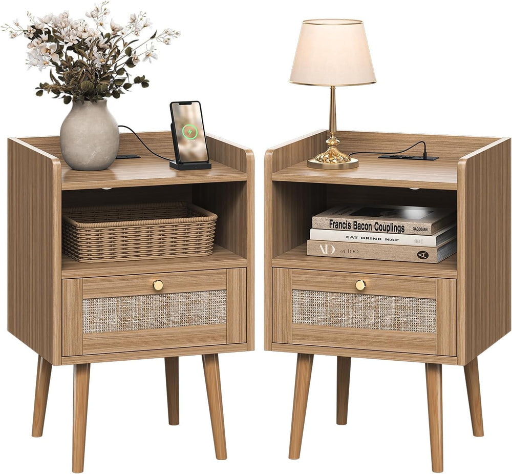 MECHYIN Night Stand Set 2, Nightstands Set of 2 with Charging Station, Rattan...