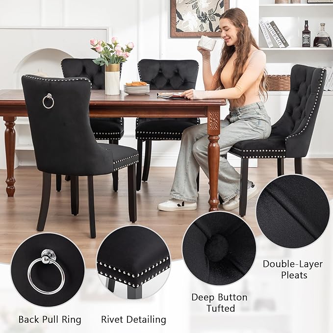 Velvet Dining Chairs Set of 6, Tufted Dining Room Chairs with Nailhead Ring P...
