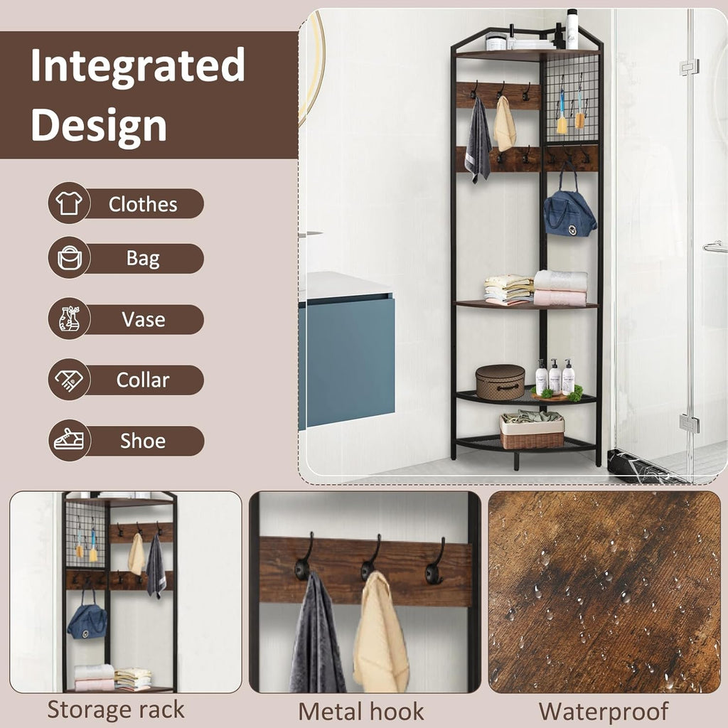 Corner Coat Rack, Hall Tree with Bench and Shoe Storage | Wood Entryway Organizer with 14 Metal Hooks, Freestanding Corner Shelves for Entryway, Hallway