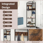 Corner Coat Rack, Hall Tree with Bench and Shoe Storage | Wood Entryway Organizer with 14 Metal Hooks, Freestanding Corner Shelves for Entryway, Hallway