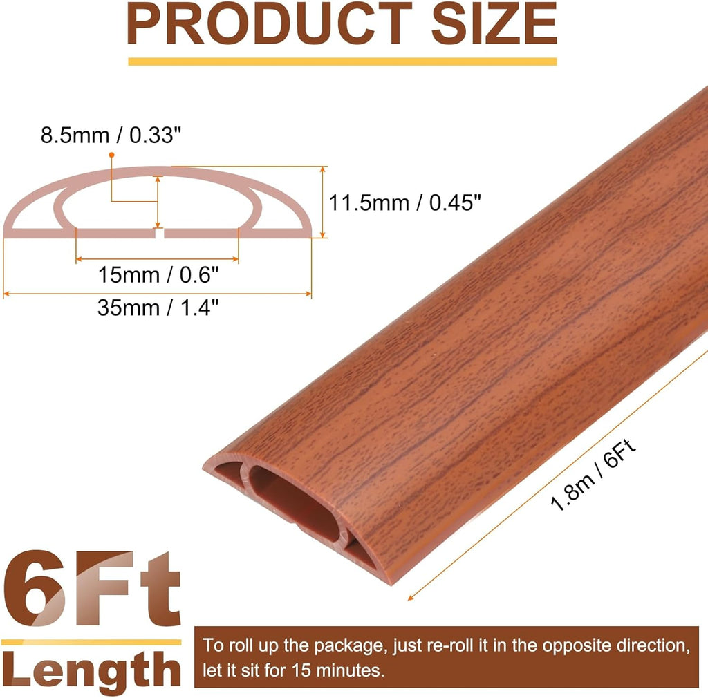 HARFINGTON 6ft Cord Cover Floor W0.6 x H0.33 Inner Channel PVC Hide Extension Cable Floor Wire Hider Wire Covers Protector for Prevent Cable Trips Cables Management, Wood Brown