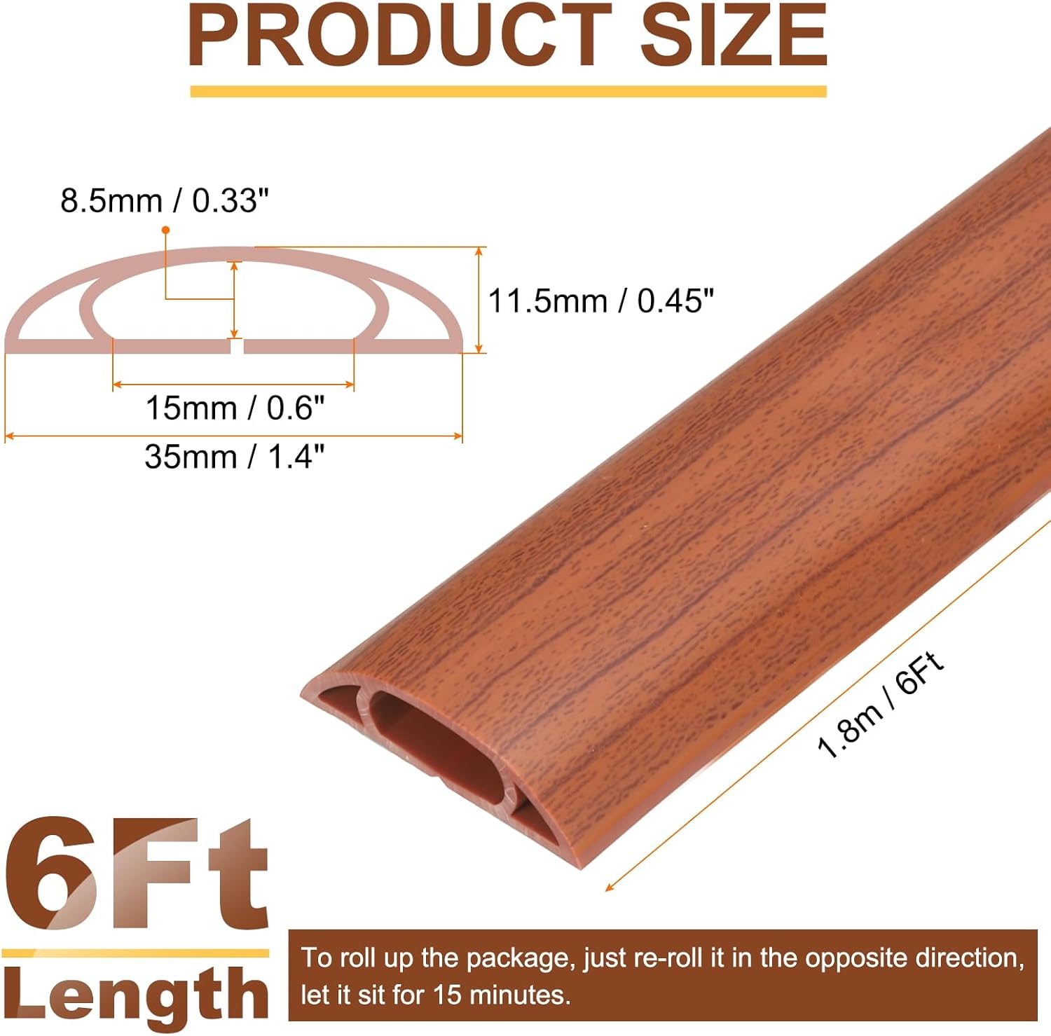 HARFINGTON 6ft Cord Cover Floor W0.6 x H0.33 Inner Channel PVC Hide Extension Cable Floor Wire Hider Wire Covers Protector for Prevent Cable Trips Cables Management, Wood Brown