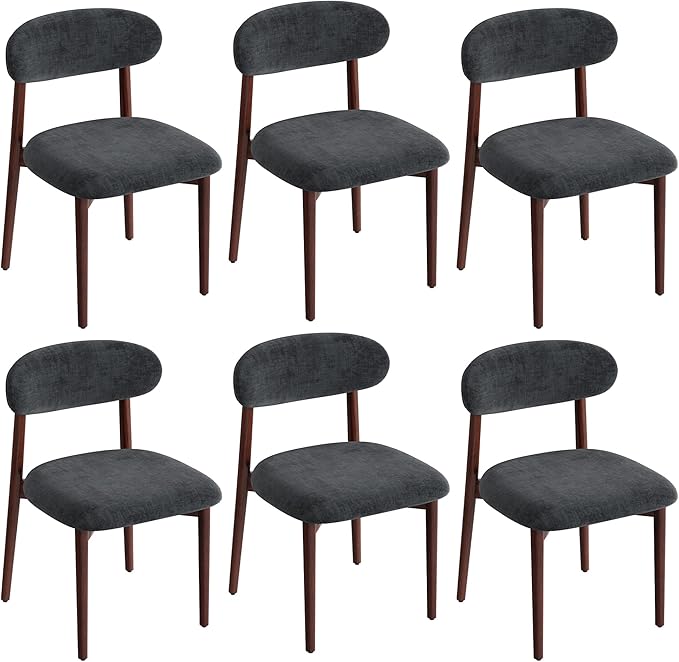 Wooden Dining Chair Set of 6, Modern Dining Chairs with with Curved Back, Linen Fabric Upholstered Kitchen Room Chairs with Adjustable Legs for Farmhouse Dining Living Room,Dark Grey