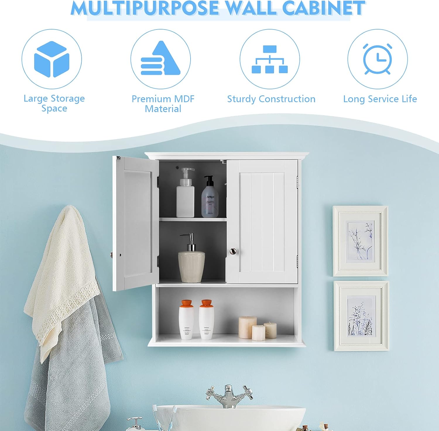 Tangkula Bathroom Wall Cabinet, Wooden Hanging Storage with Doors & Shelves, Multipurpose Wall Mounted Bathroom Medicine Cabinet for Kitchen Living Room