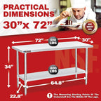 DuraSteel 30x72 Stainless Steel Work Table - NSF Commercial Prep Metal Table - Outdoor Pizza Oven Stand w/Under Shelf - Kitchen Island Laundry Utility Garage Microwave Stand Large Rolling Storage Cart