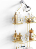 SRIWATANA Shower Caddy Hanging, Bathroom Organizer, No Drilling Shelves Over Shower Head, Bath Rack Holder with Hooks for Razors and Sponge - Gold
