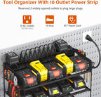 JUNNUJ Power Tool Organizer with 10 Outlet Power Strip, 3 Layer Wall Mount Drill Holder with Charging Station, 4 Drills Storage Shelf Shop Garage Utility Rack, Black