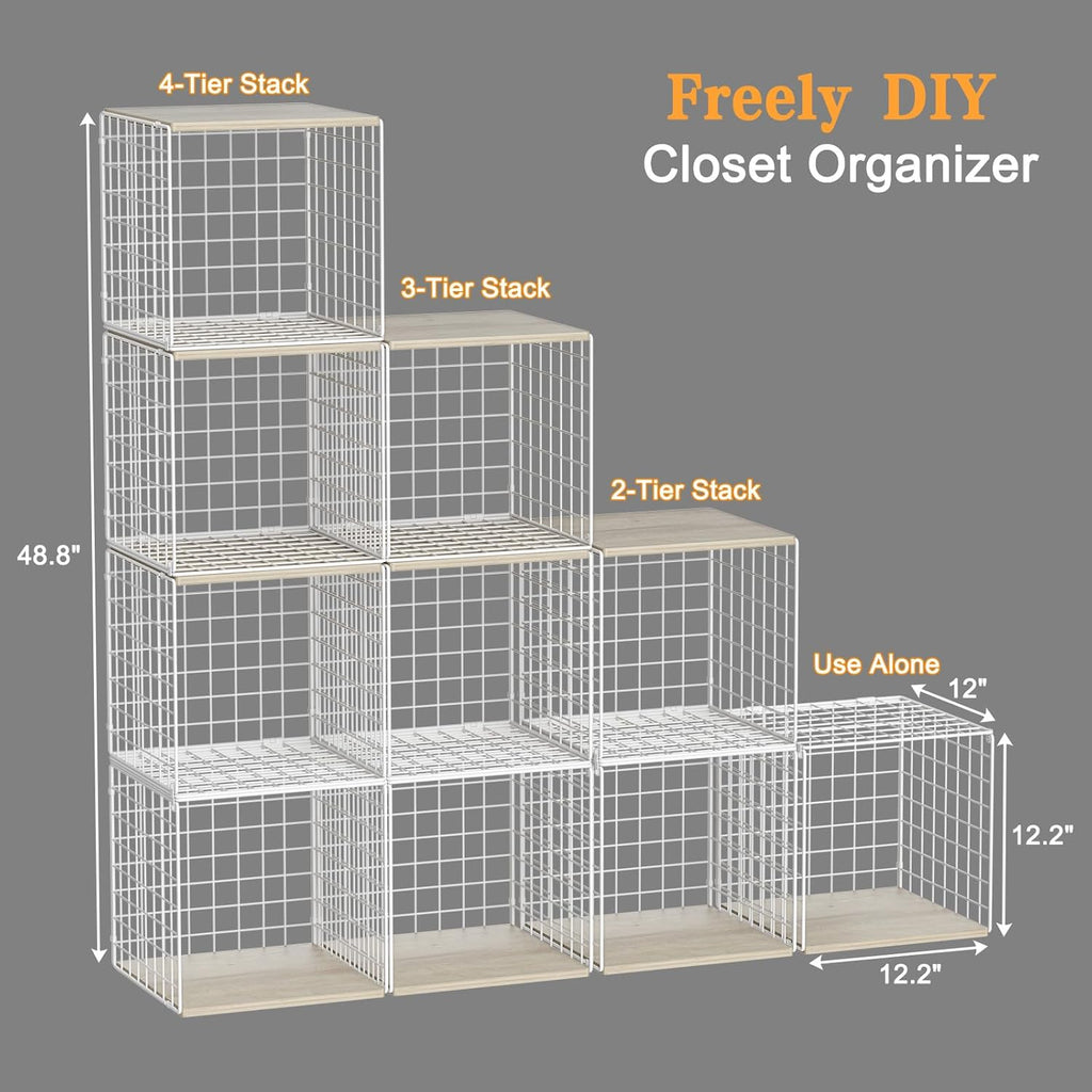 4 Pack Closet Organizers and Storage with Wood Top, Stackable Closet Shelf Organizer, Double Storage Design, Clothes Storage Basket/Cube Organizer for Wardrobe, Sturdy, White (Patent Pending) ﻿