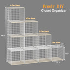 4 Pack Closet Organizers and Storage with Wood Top, Stackable Closet Shelf Organizer, Double Storage Design, Clothes Storage Basket/Cube Organizer for Wardrobe, Sturdy, White (Patent Pending) ﻿