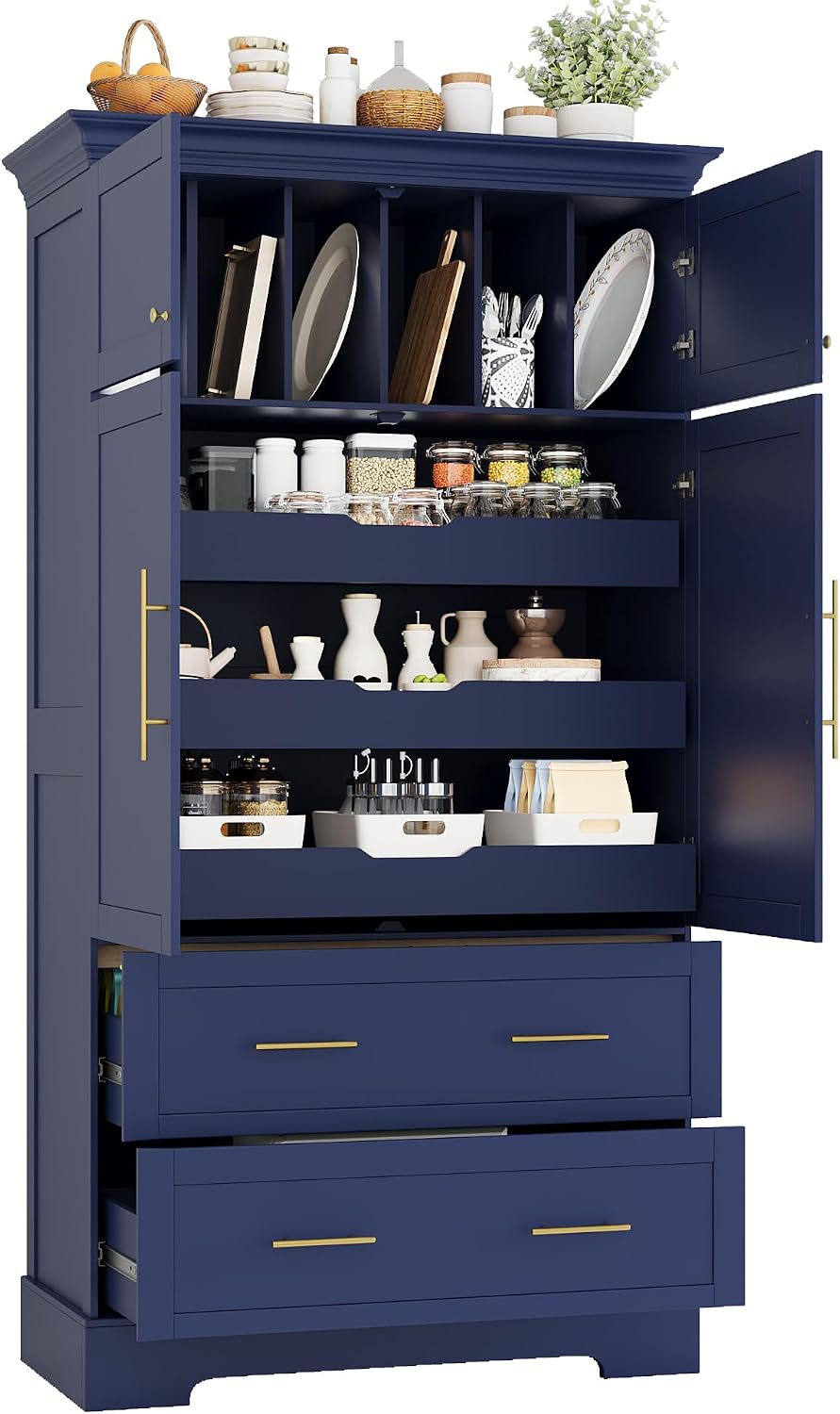 roomfitters 73 Inch Large Kitchen Pantry with 4 Doors, Pull-Out Trays and Cak...