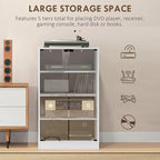 HOMCOM Media Cabinet, 4-Tier Stereo Cabinet for Vinyl Record Player, Gaming Console, AV Record Player Stand with Adjustable Shelves, Push-to-Open Glass Doors and Cable Management, Distressed White