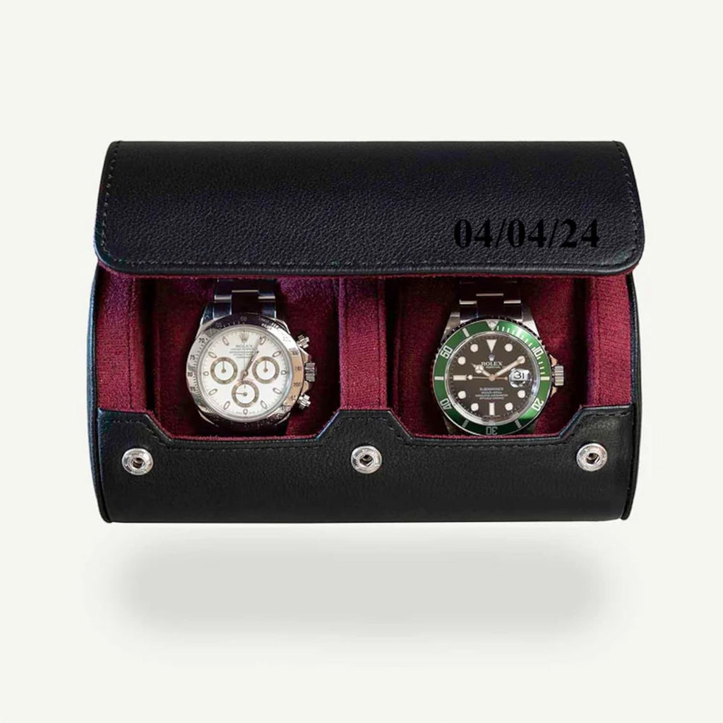DailyWatch | Personalized Watch Roll Travel Case For 2 Watches - Handmade Genuine Leather Travel Case With Custom Engraving of Name or Initials - Black Cherry
