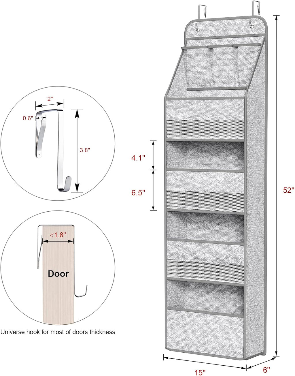 Univivi 5-Shelf Door Storage Over Door Hanging Organizer with 4 Large Pockets and 3 Small PVC Pockets Nursery Closet Cabinet Wall Mount Hanging Storage Organizers for Baby Nursery (Grey Pattern)