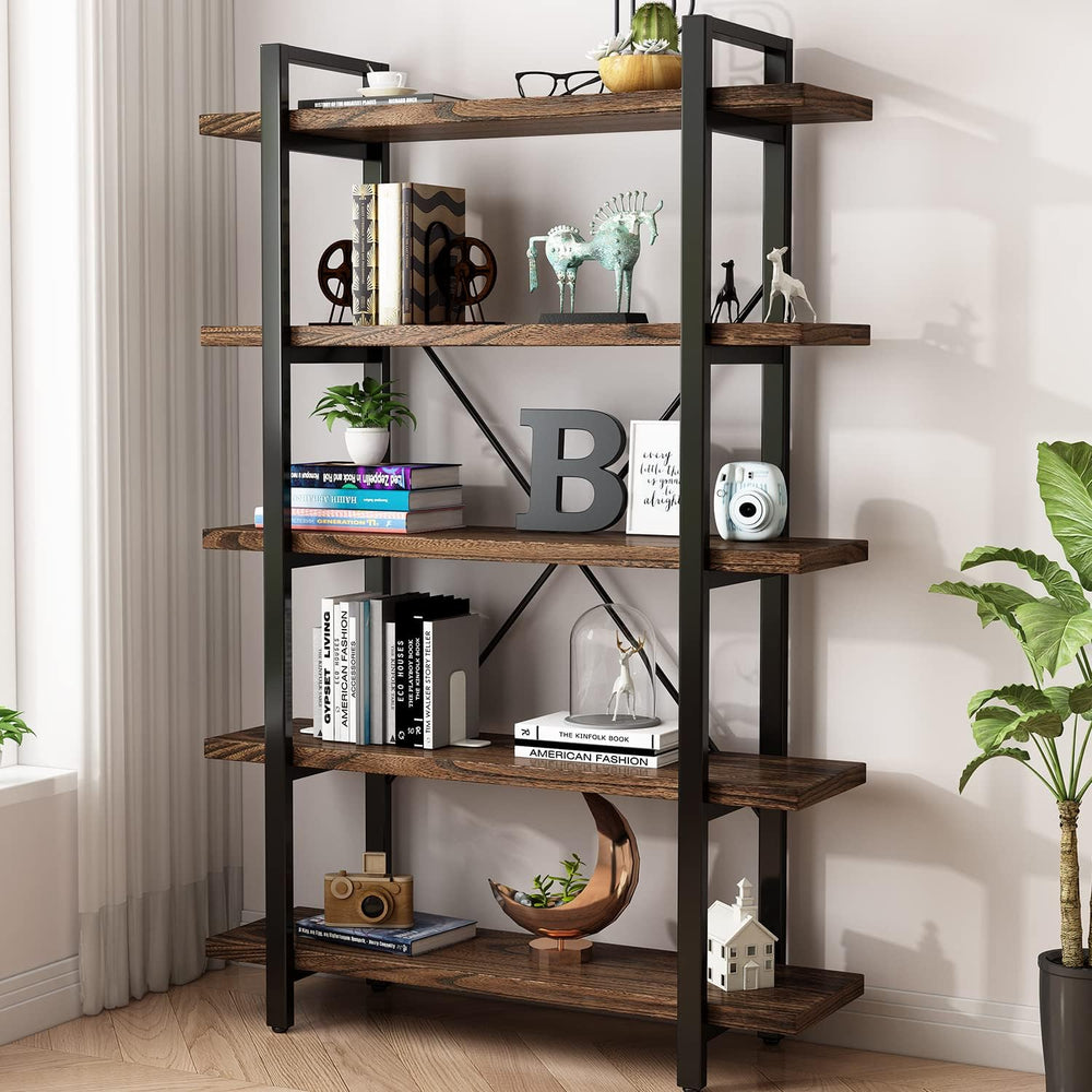 5-Tier Industrial Style Solid Wood Bookcase and Book Shelves,Rustic Wood and ...