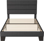 Allewie Twin Size Platform Bed Frame with Fabric Upholstered Headboard and Wooden Slats Support, Fully Upholstered Mattress Foundation/No Box Spring Needed/Easy Assembly, Dark Grey