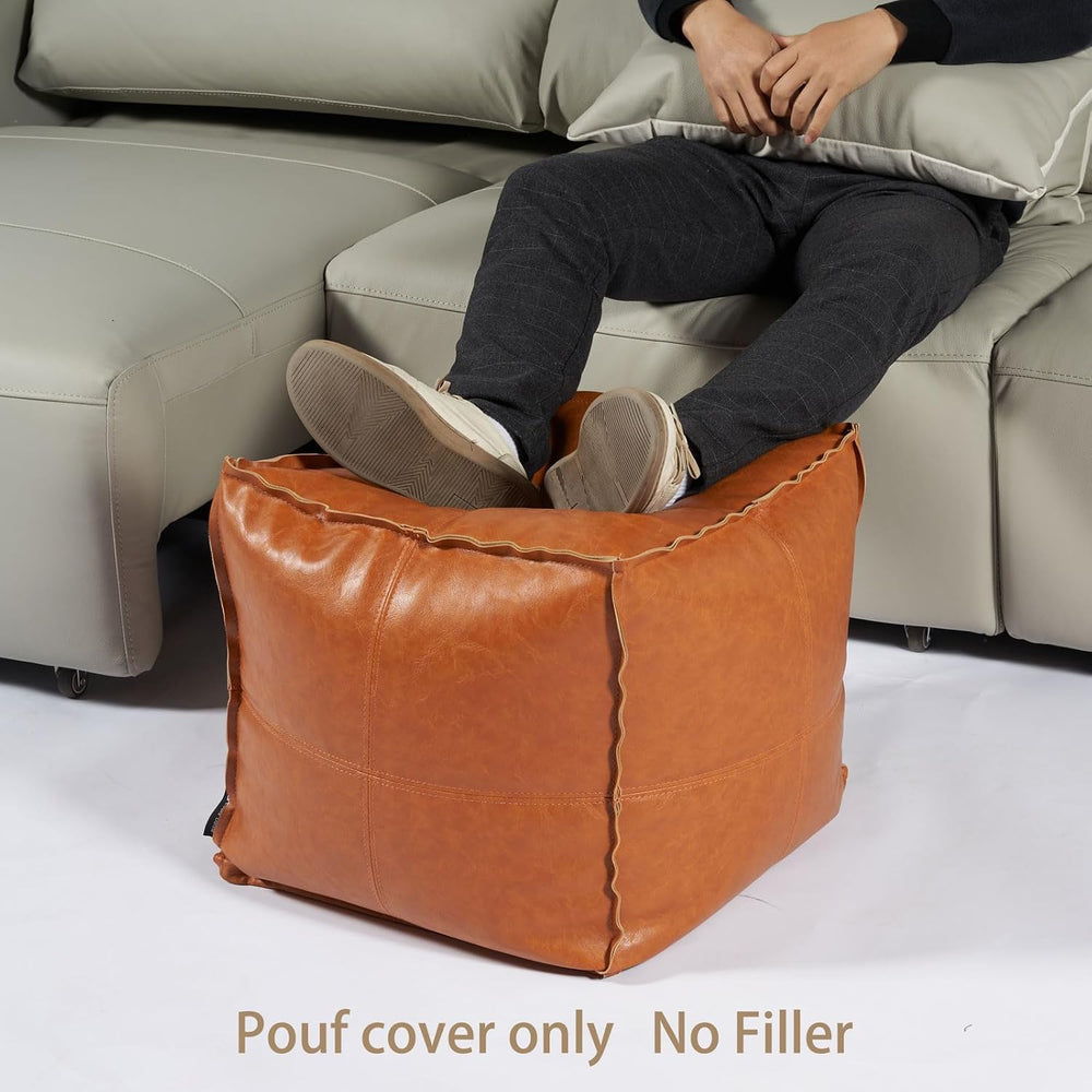 Pouf Ottoman, Unstuffed Pouf Cover, Handmade Faux PU Leather Moroccan, Orange...