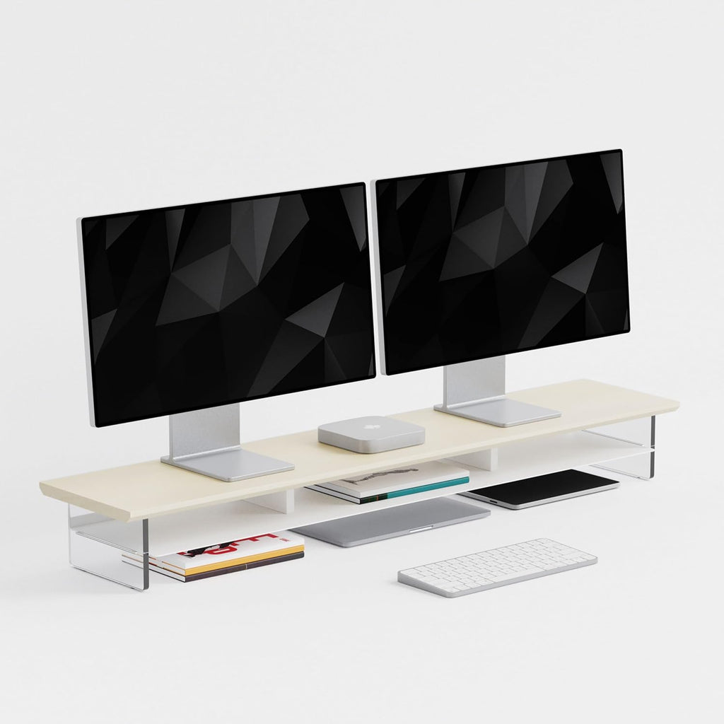 Dual‑Tier Monitor Stand for Modern Desk Setup – Minimalist Wooden and Metal Riser Shelf with Transparent Acrylic Feet for Dual Monitors, Laptops, Home Office Aesthetic，Beige and White
