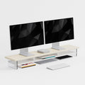 Dual‑Tier Monitor Stand for Modern Desk Setup – Minimalist Wooden and Metal Riser Shelf with Transparent Acrylic Feet for Dual Monitors, Laptops, Home Office Aesthetic，Beige and White