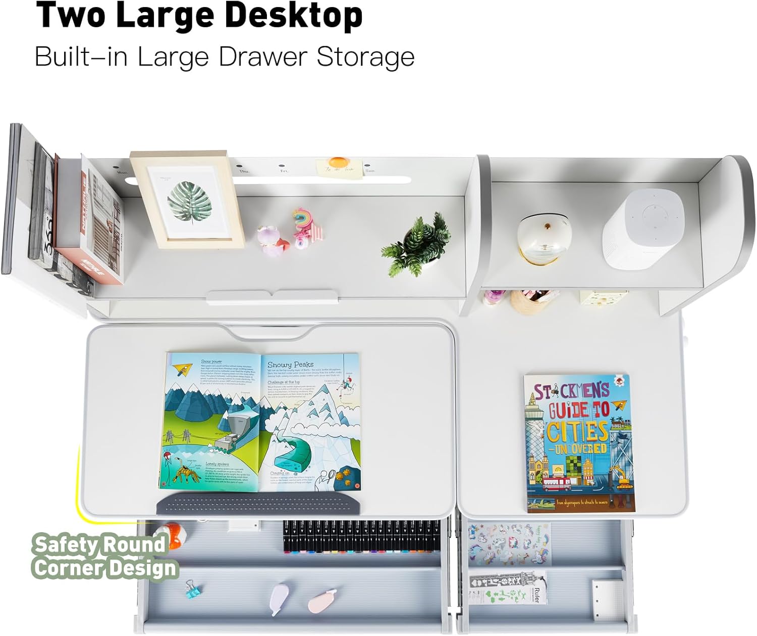 COSVALVE Adjustable Kids Desk with Hutch and Drawers, 47" Wide Multifunction Ergonomic Study Table, with Two Storage Drawer, Tilt Desktop, Height Adjust for Home or School Use, for Girls Boys (Grey)